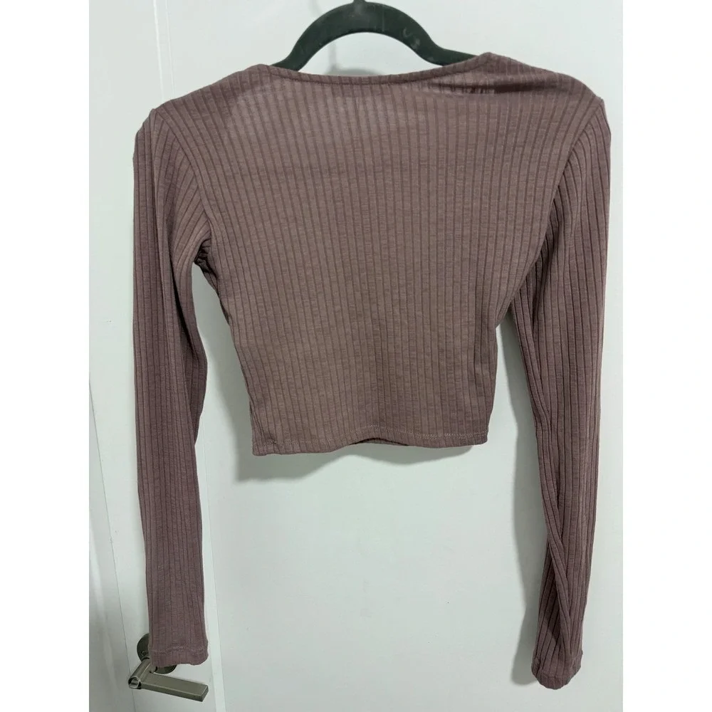 Zara Ribbed Knit Sweetheart Neck Long Sleeve Crop Top Mauve Small NWT